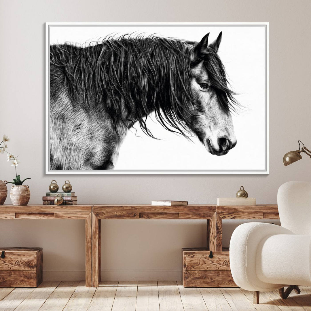 Black Horse Wall Art Canvas Print for farmhouse decor on the kitchen wall.