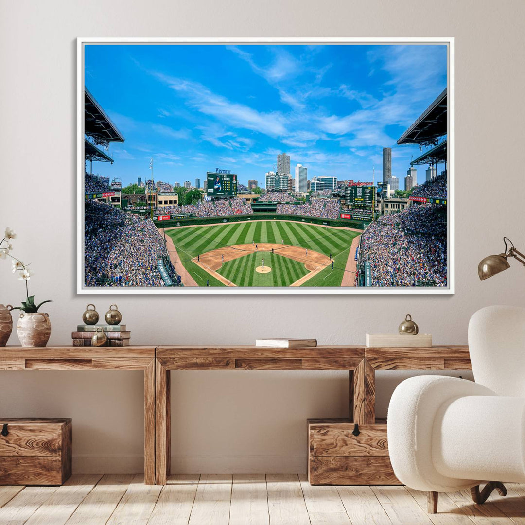 The Wrigley Field Chicago Cubs canvas art, depicting the iconic stadium, is perfect for sports lovers.