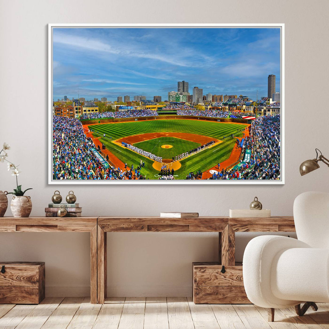 The Wrigley Field Cubs Panoramic Canvas Art hangs prominently in the modern living room.