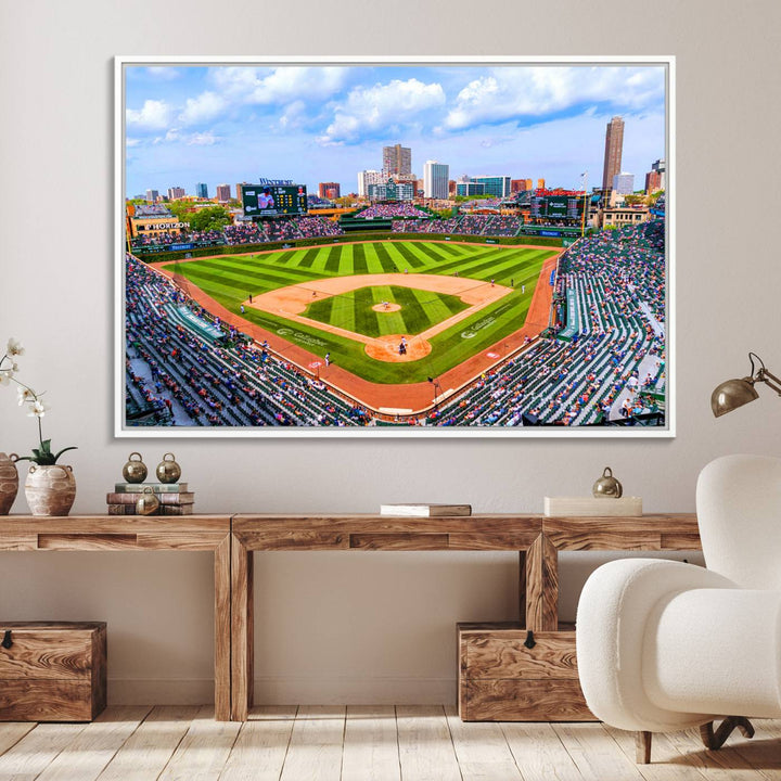 A 3-piece panoramic canvas wall art showcases an aerial view of a packed Chicago Cubs game at Wrigley Field, perfect for sports lovers.