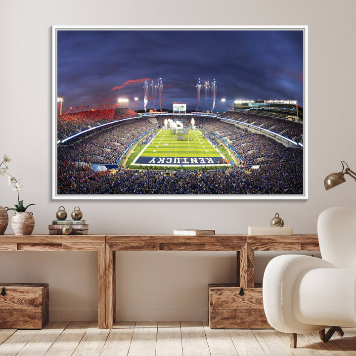 A filled stadium at dusk and fireworks overhead are beautifully captured in the Kroger Field Canvas Wall Art - Sunset Football Stadium Decor.