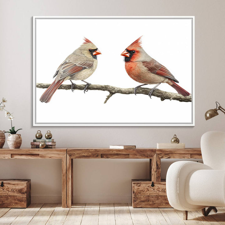 A Cardinal Canvas Wall Art print of cardinals on a branch hangs prominently.