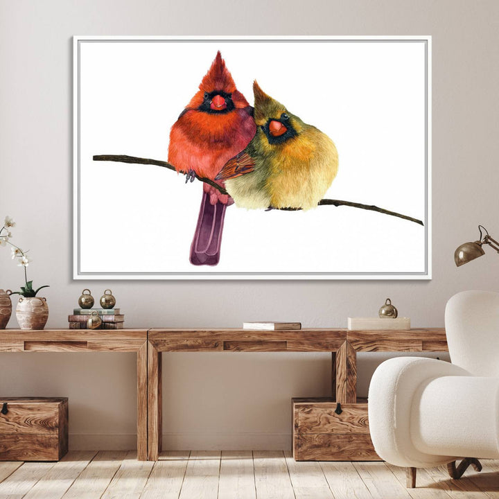 The Cardinal Bird Canvas Wall Art showcases vibrant male and female cardinals, capturing the beauty of nature in vivid detail.