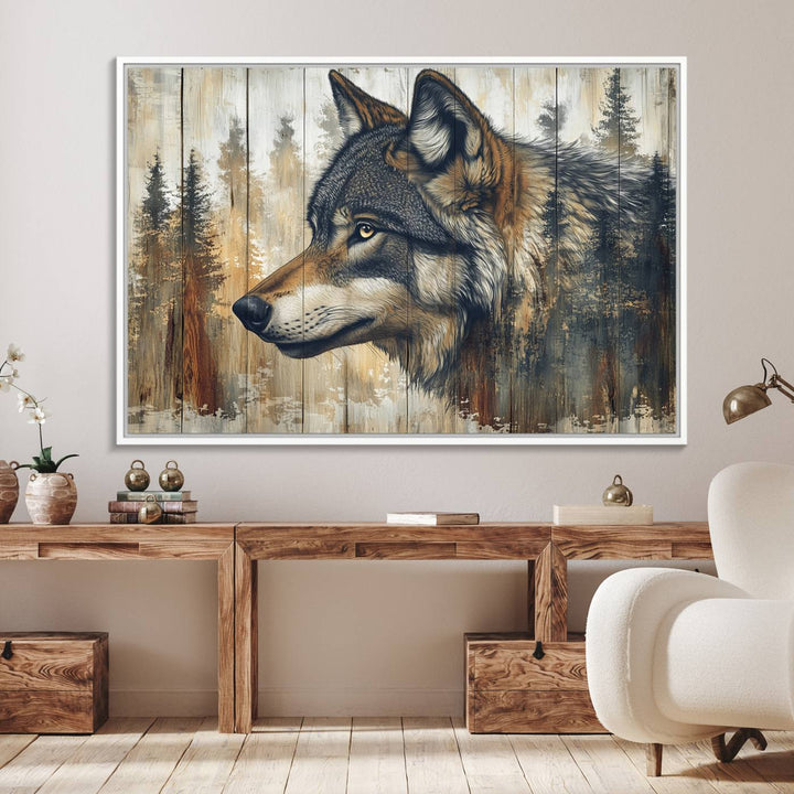 A Rustic Wolf Wall Art Canvas Print in earthy tones adorns the wall above the countertop.