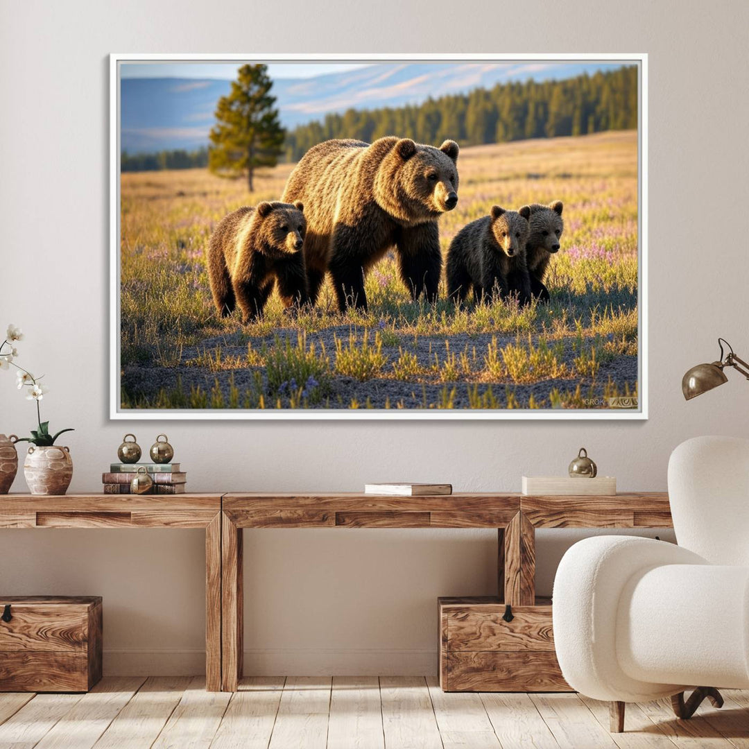 The dining room showcases the Grizzly 399 in Wild Flowers wall art.