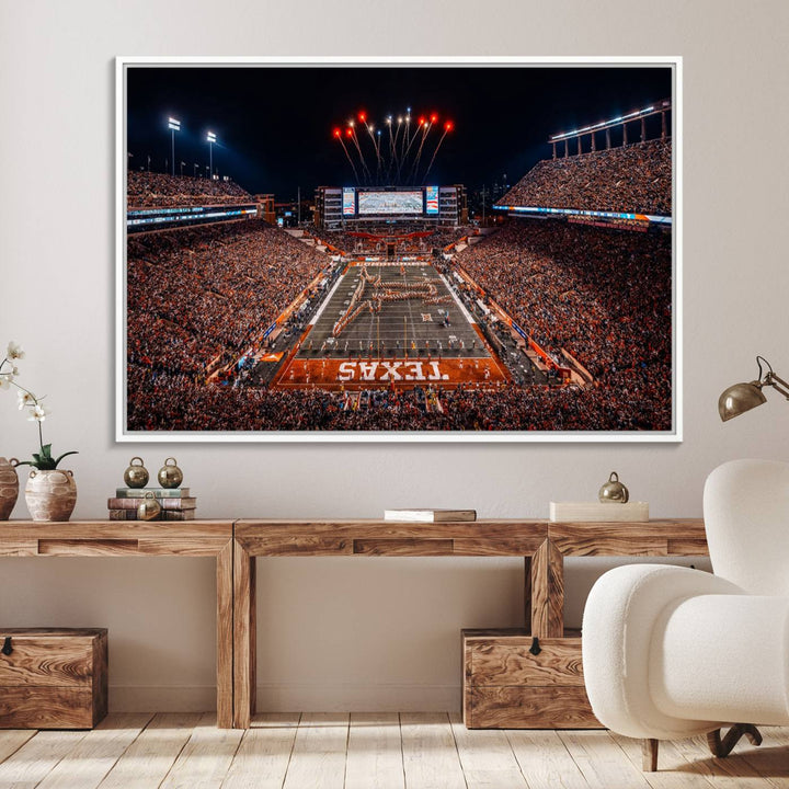 A Texas Memorial Stadium canvas print with fireworks embellishes the modern living room.