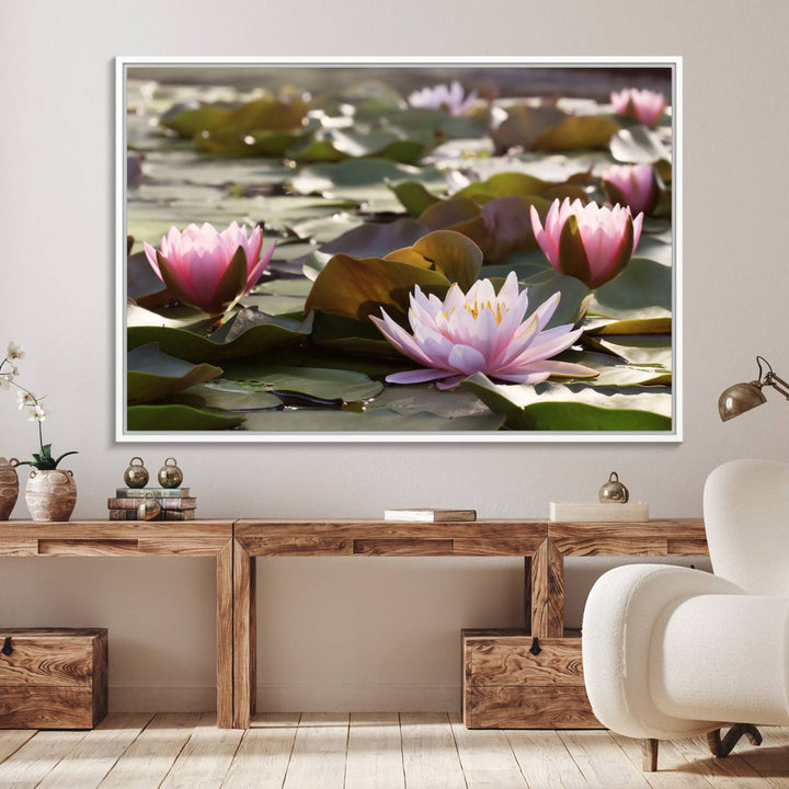 The dining room features the Water Lily Large Canvas Print.