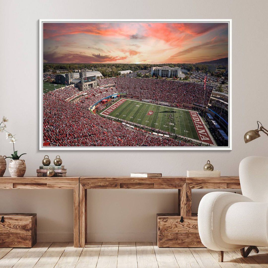 Gallery-quality Indiana Memorial Stadium Wall Art Canvas: A stunning view of the stadium at sunset.