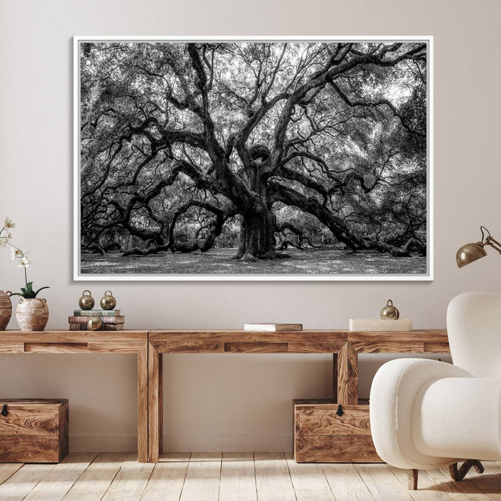 The Black and White Old Angel Oak Tree Canvas Print enhances the modern dining room.