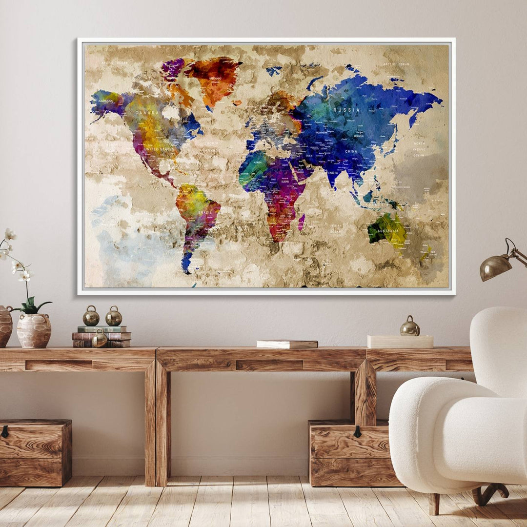 Watercolor World Map Canvas Print with gallery-wrapped edges.