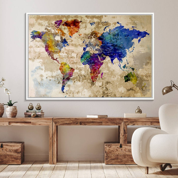 Watercolor World Map Canvas Print with gallery-wrapped edges.