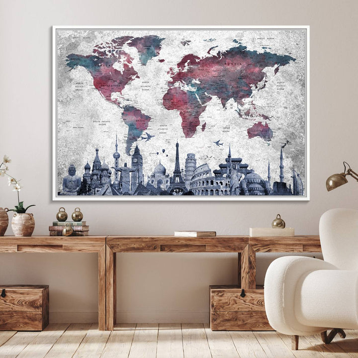 The dining room features a Blue Multipanel World Map Wall Art Canvas Print that adorns the wall, highlighting its neutral decor.