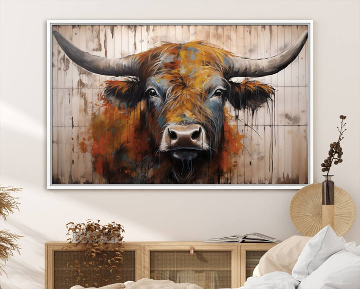 Scottish Highland Cow Cattle Art Print on Wood Style Background