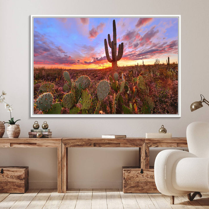 The Arizona Desert Sunset Wall Art Canvas Print featuring cacti is displayed.