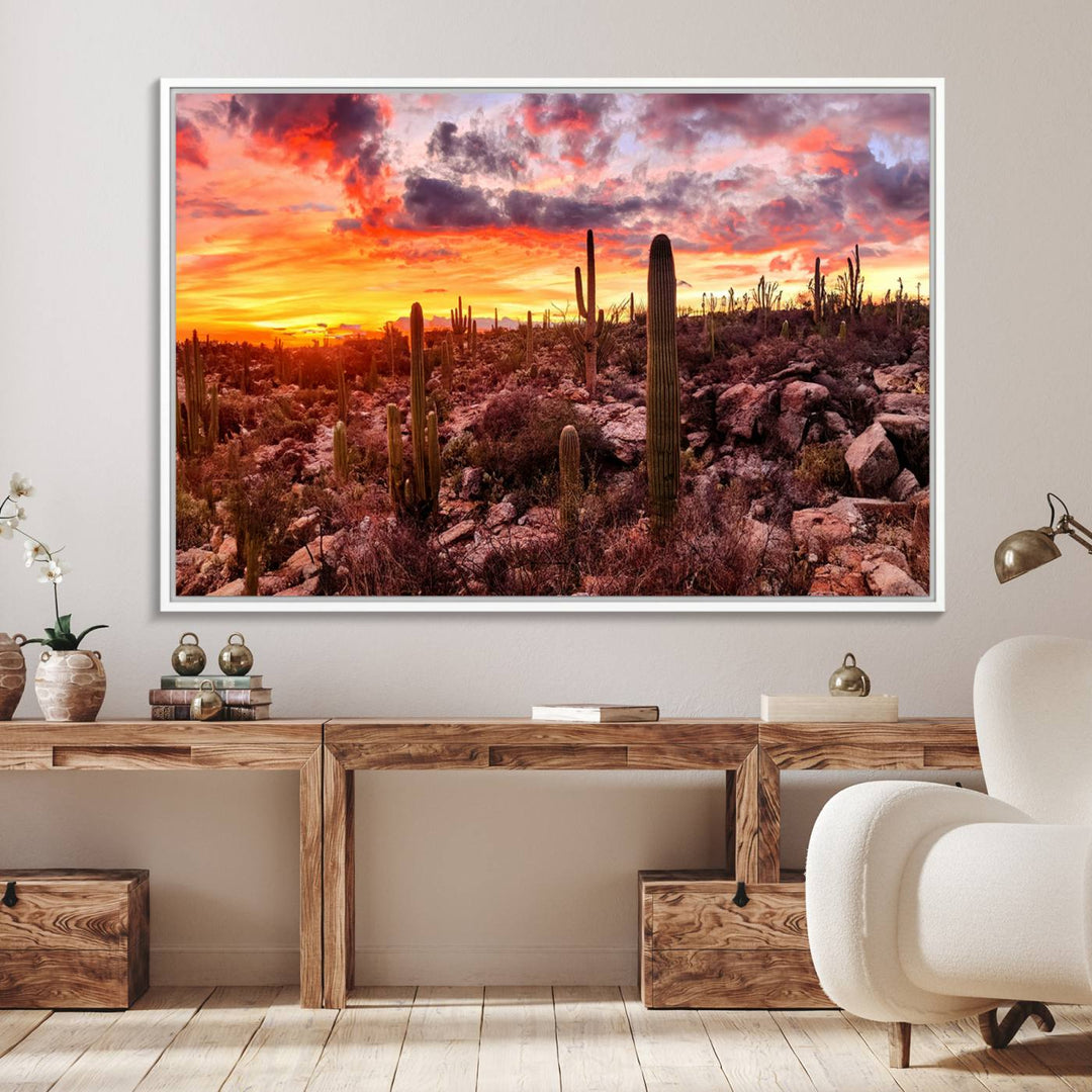 A vibrant desert sunset with cacti, perfect Western Cowboy Wall Art Print.