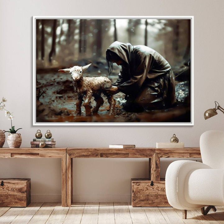 Jesus Lost Lamb Wall Art: A cloaked figure tends a lamb in a muddy forest.