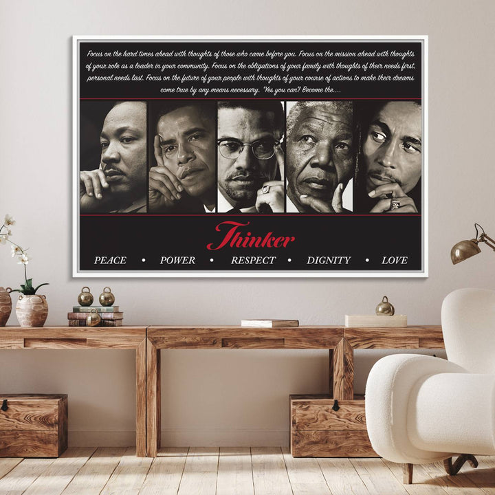 The Thinkers of Wall Art Canvas Print features icons of peace, power, and respect; it is framed and ready to hang.