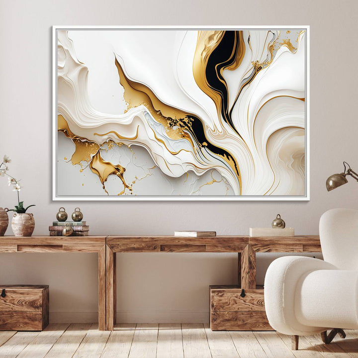 Modern interiors showcase Gold Waves on Pure White Canvas.