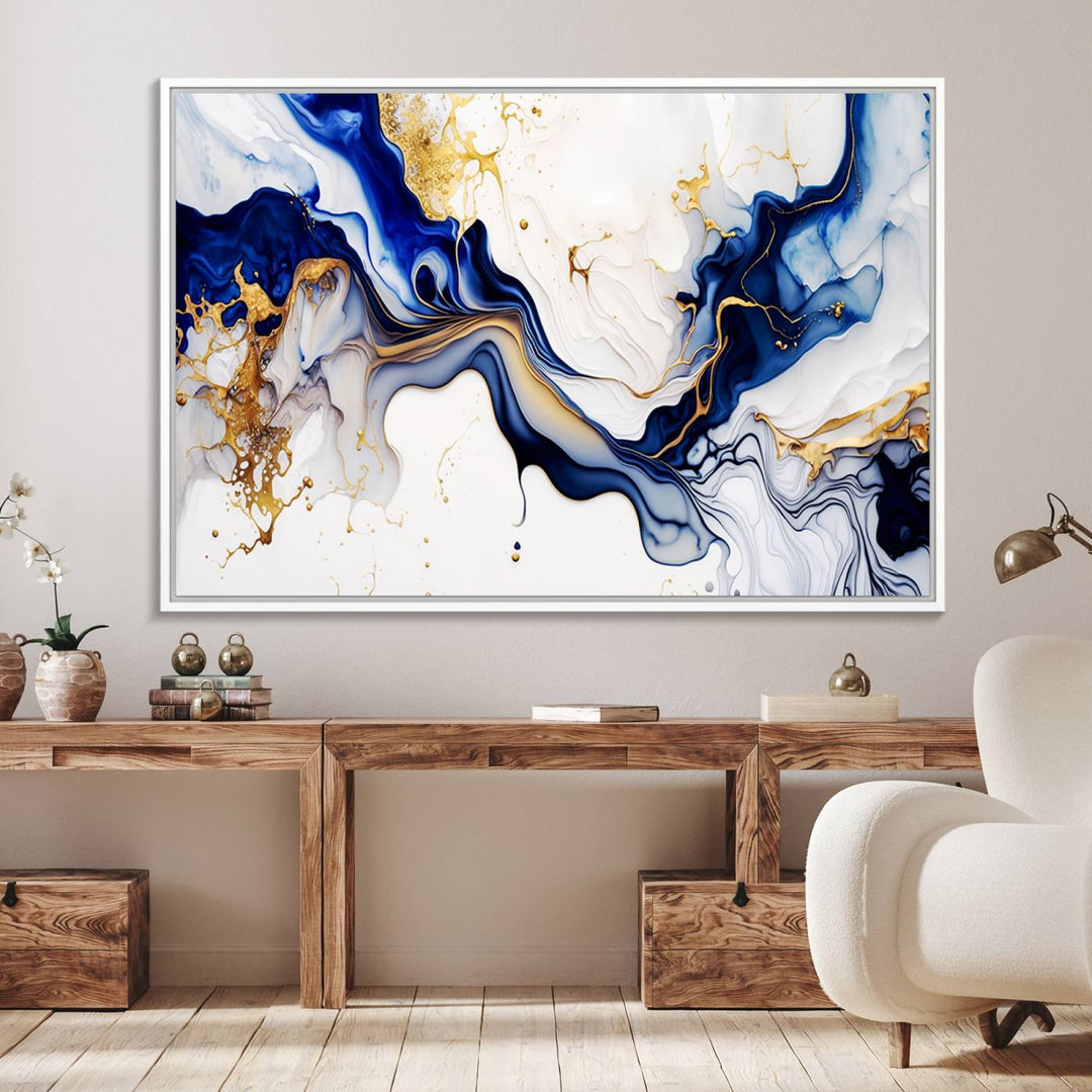 Golden Cascades on Midnight Blue wall art swirls above, featuring gold and white accents.