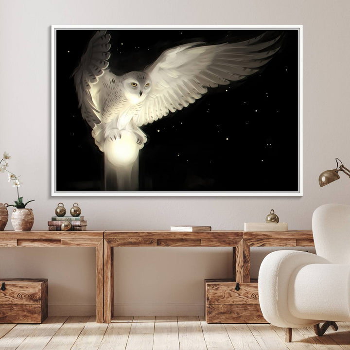 The Night Owl Art graces the wall with its depiction of a snowy owl on a glowing orb, perfect for modern decor.