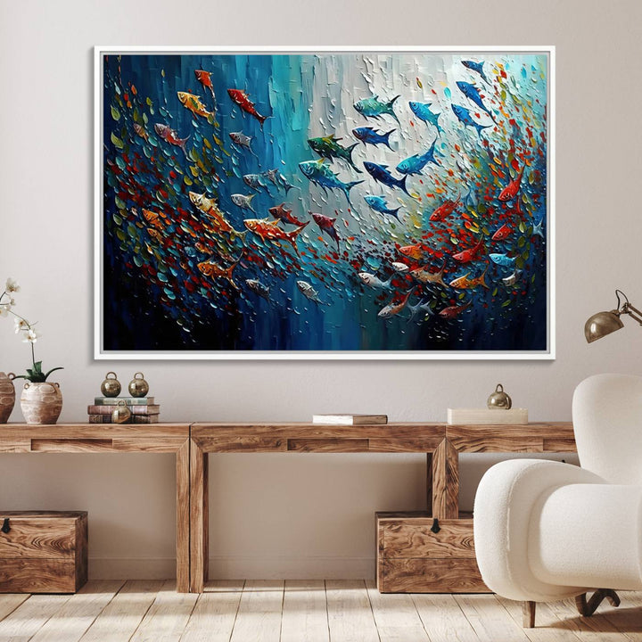 Modern Abstract Fish Shoal Wall Art features blue, red, and orange fish.