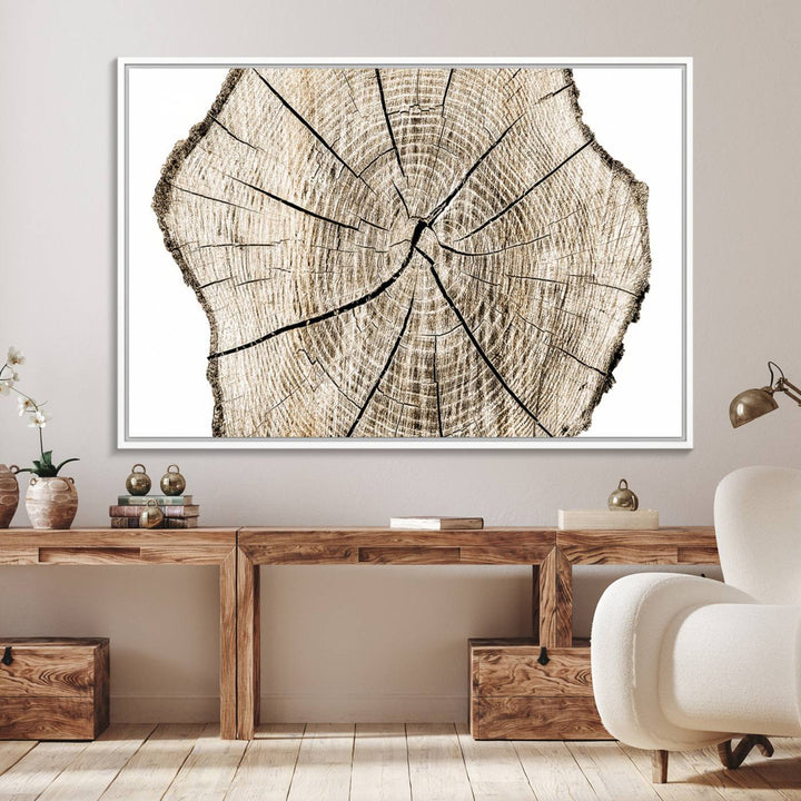 The Abstract Wood Tree Ring Wall Art set of 3 adds a minimalist touch to the space.