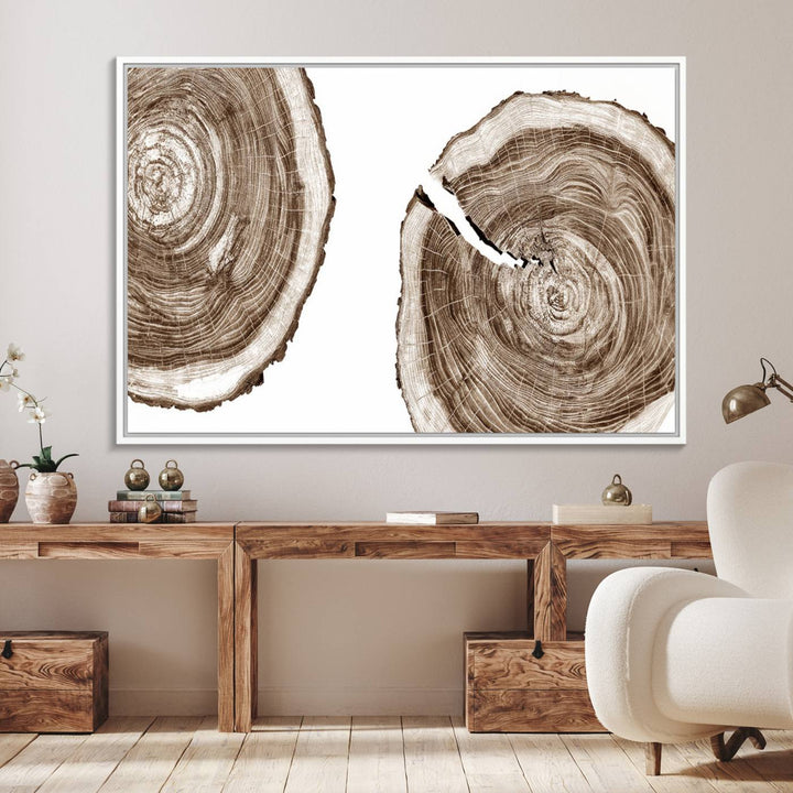 Wood Tree Ring Wall Art on a minimalist black and white canvas.