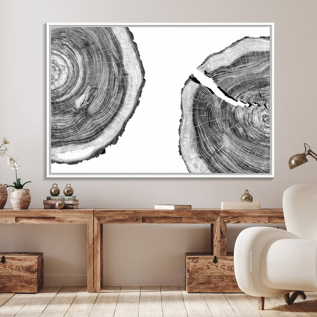 The minimalist art piece Abstract Large Tree Rings on canvas creates a striking focal point.