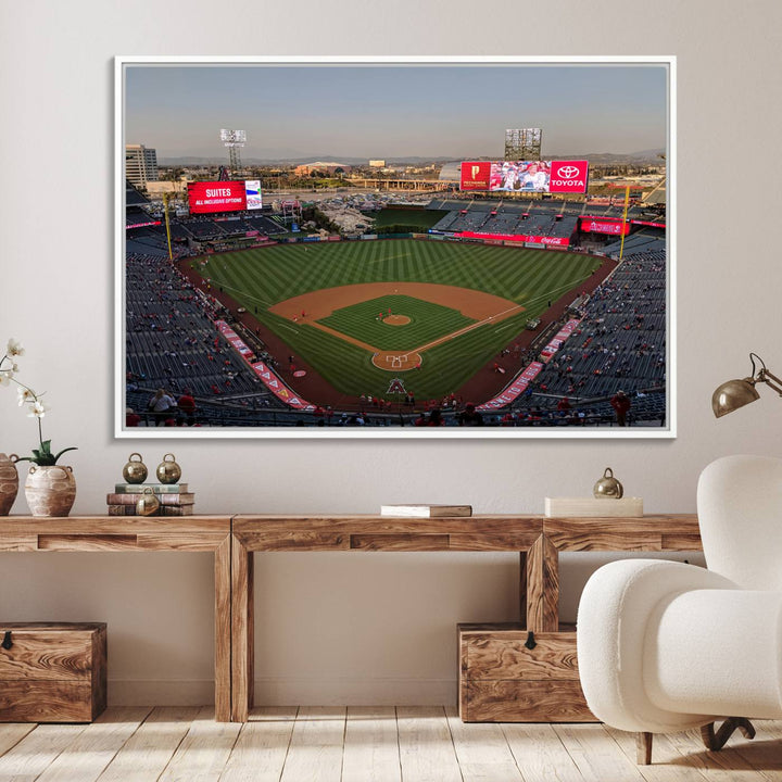 Aerial view of Angel Stadium, perfect as gallery-quality wall art - Los Angeles Angels Canvas Print.