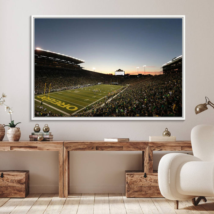 Canvas artwork depicting an Oregon Ducks football game at Autzen Stadium, capturing a sunset and packed stands.