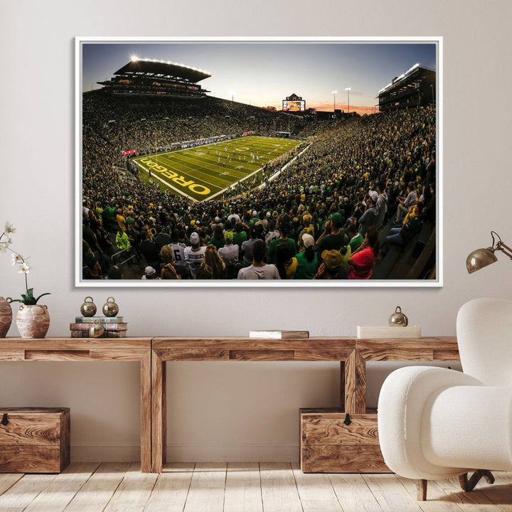 The Oregon Stadium Canvas Wall Art features a depiction of a packed Autzen Stadium with OREGON prominently displayed on the field.