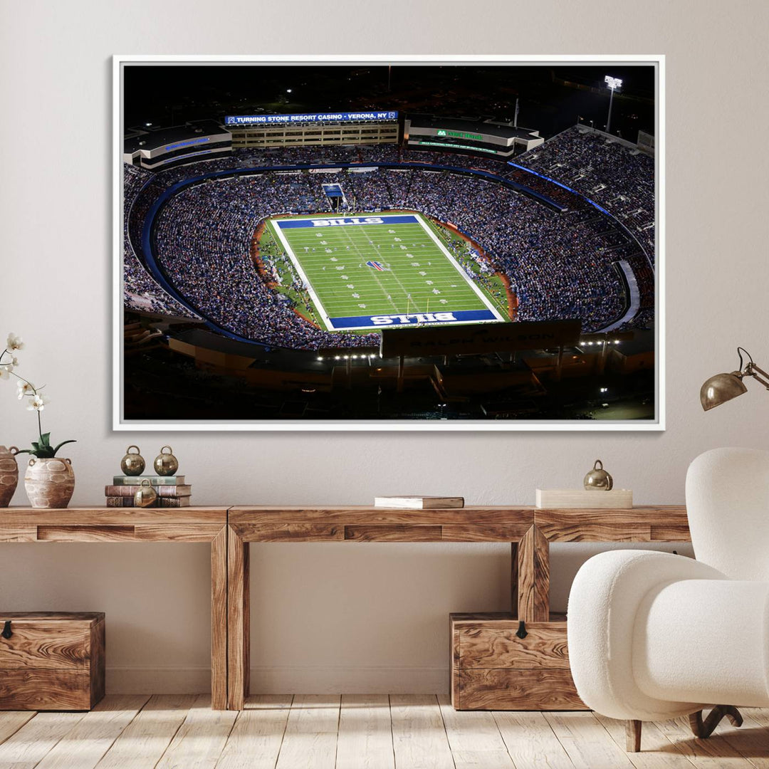 Aerial view of football stadium at night, featuring Buffalo Bills Highmark Stadium Wall Art.