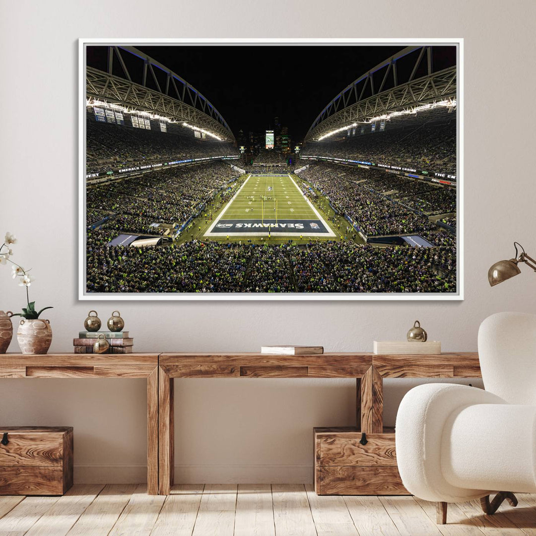 Handmade Seattle Seahawks Stadium Canvas Wall Art Print featuring an aerial view of Night football at CenturyLink Field marked Seahawks.