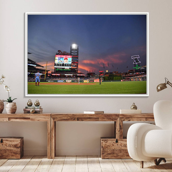 Philadelphia Phillies at sunset: Citizens Bank Park captured in a charming canvas wall art print.