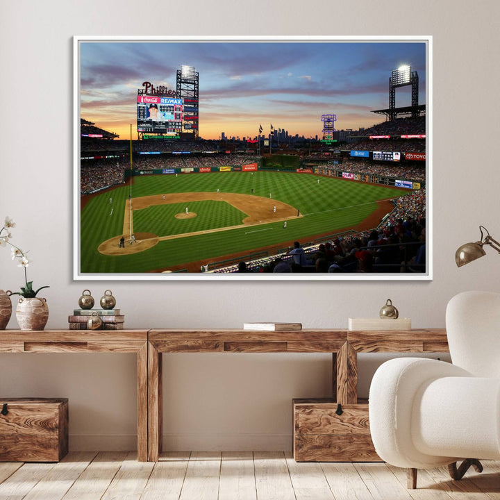 A sunset game at Citizens Bank Park depicted on a 3-panel Phillies canvas.