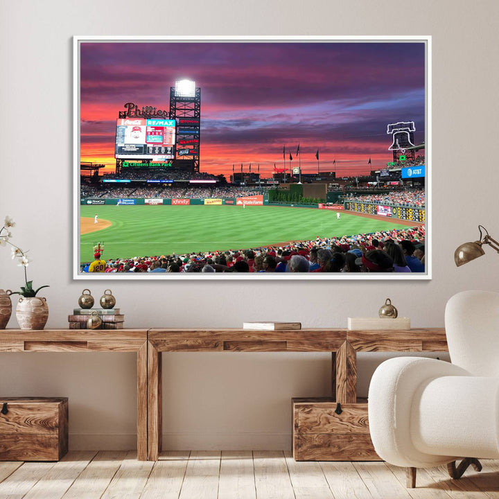 The Philadelphia Phillies canvas print showcases Citizens Bank Park at sunset with a crowd and scoreboard.