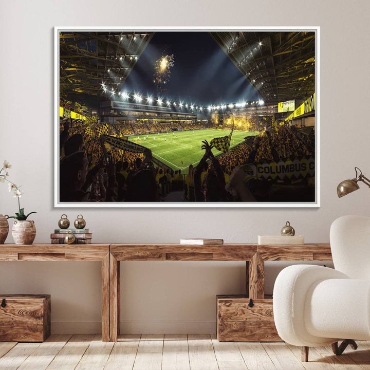 The wall art canvas print captures a packed soccer stadium scene with fans and fireworks.