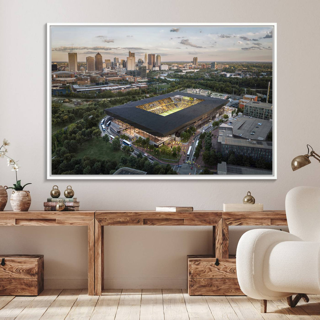 The Columbus Crew Soccer Stadium canvas art adds a vibrant touch to the room.