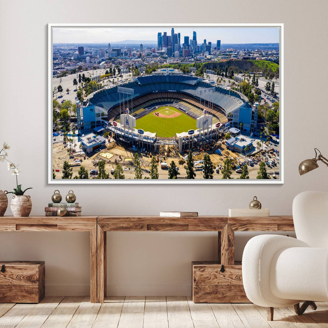 Aerial view of Dodger Stadium city skyline on a premium Los Angeles Dodgers MLB canvas print.