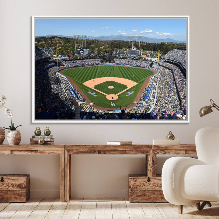 Aerial view of Dodger Stadium captured in gallery-quality on a Dodgers wall art canvas.