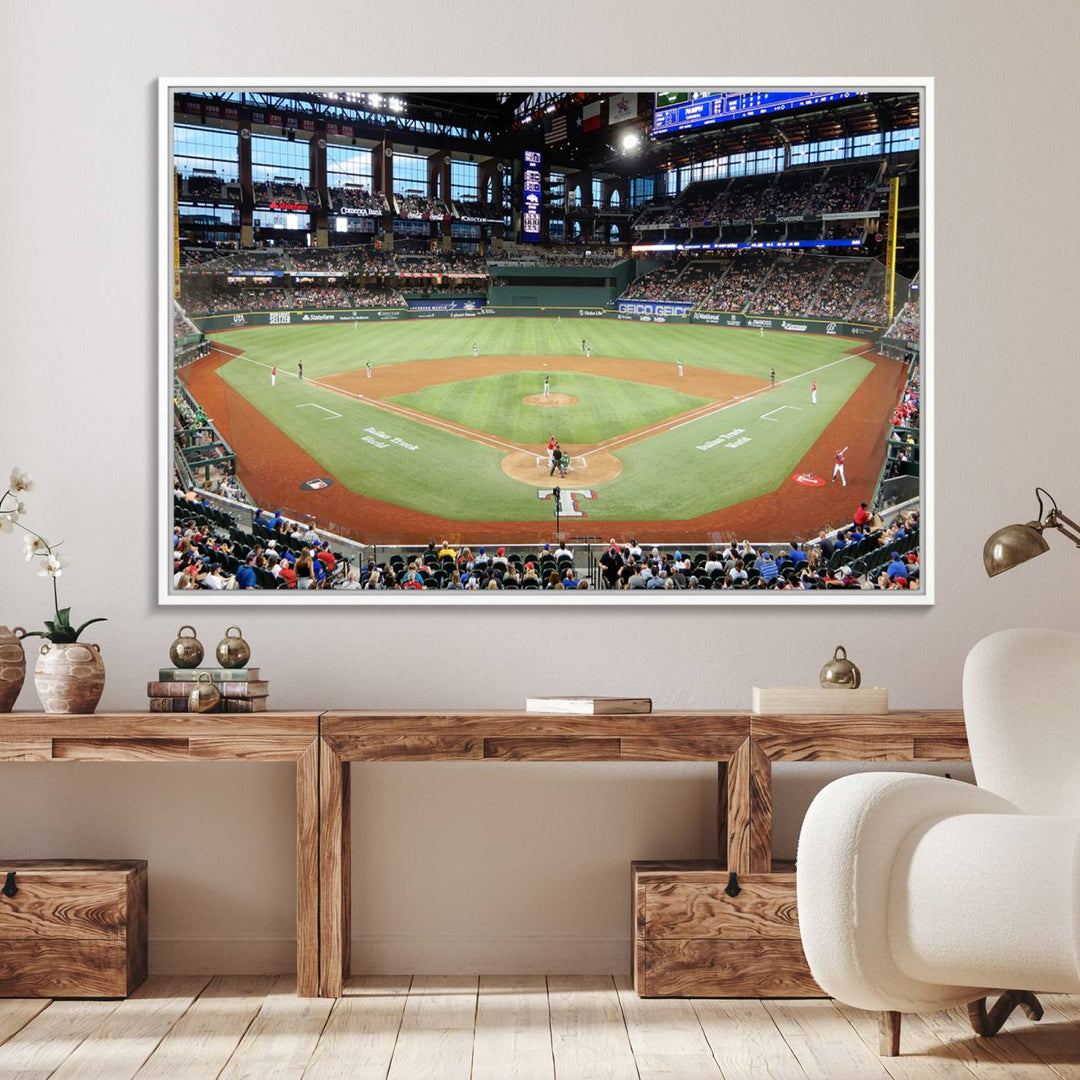 Admire the Texas Rangers Wall Art showcasing Globe Life Fields covered stadium and its lively crowd.