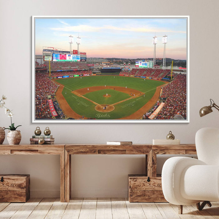 Cincinnati Reds game at sunset: Stadium wall art canvas.