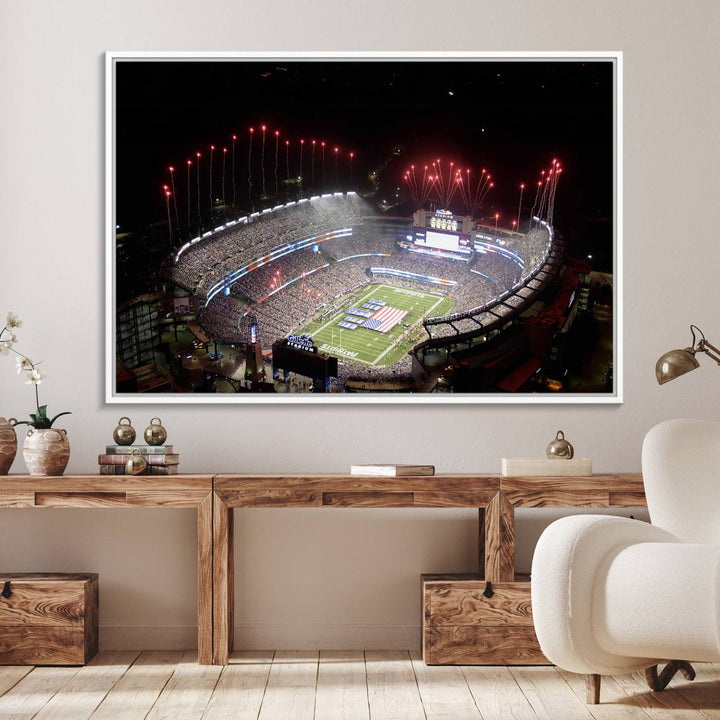 Aerial view of Gillette Stadium with fireworks and flag—ideal for a New England Patriots canvas print.