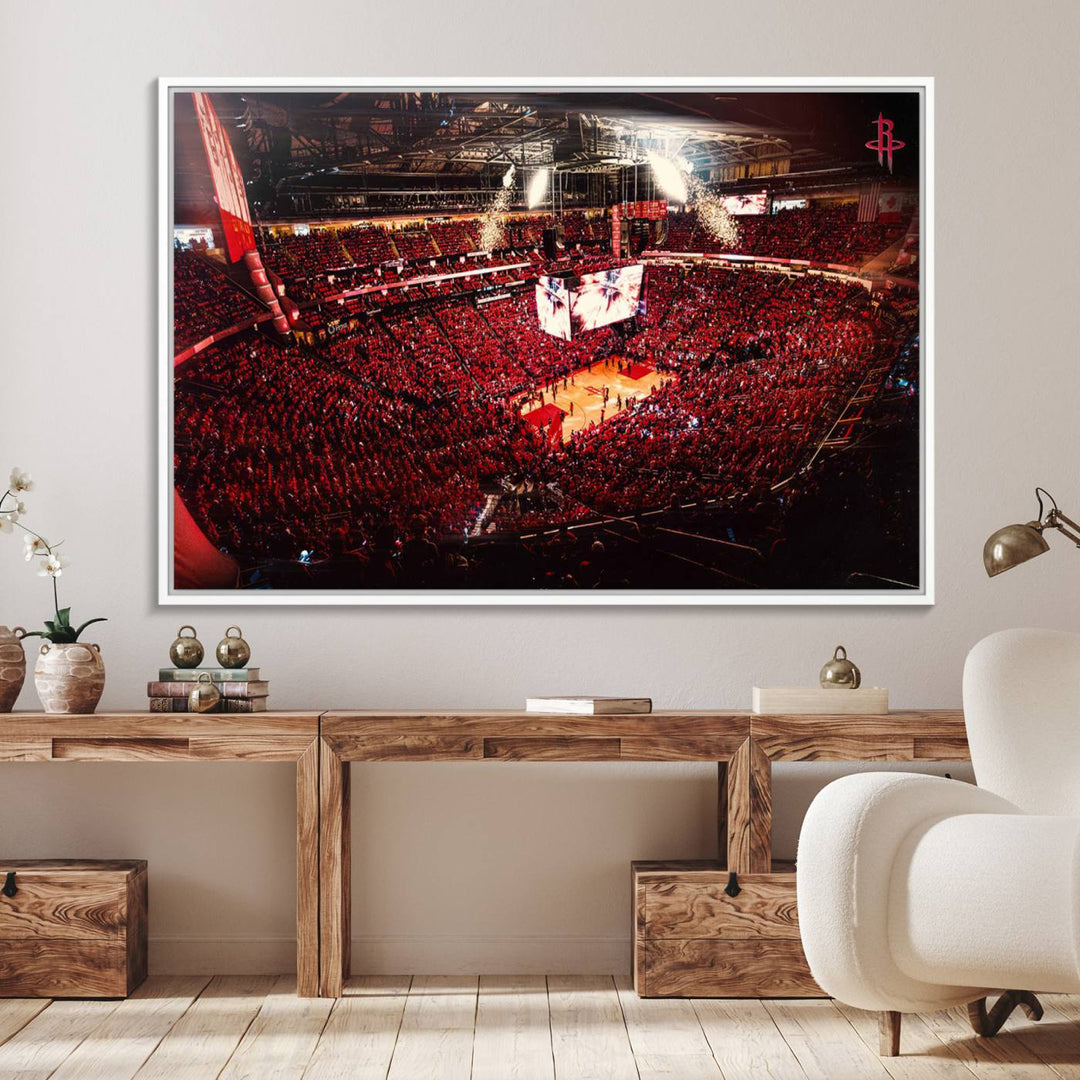 A crowded basketball arena with red lighting hosts a Houston Rockets game.