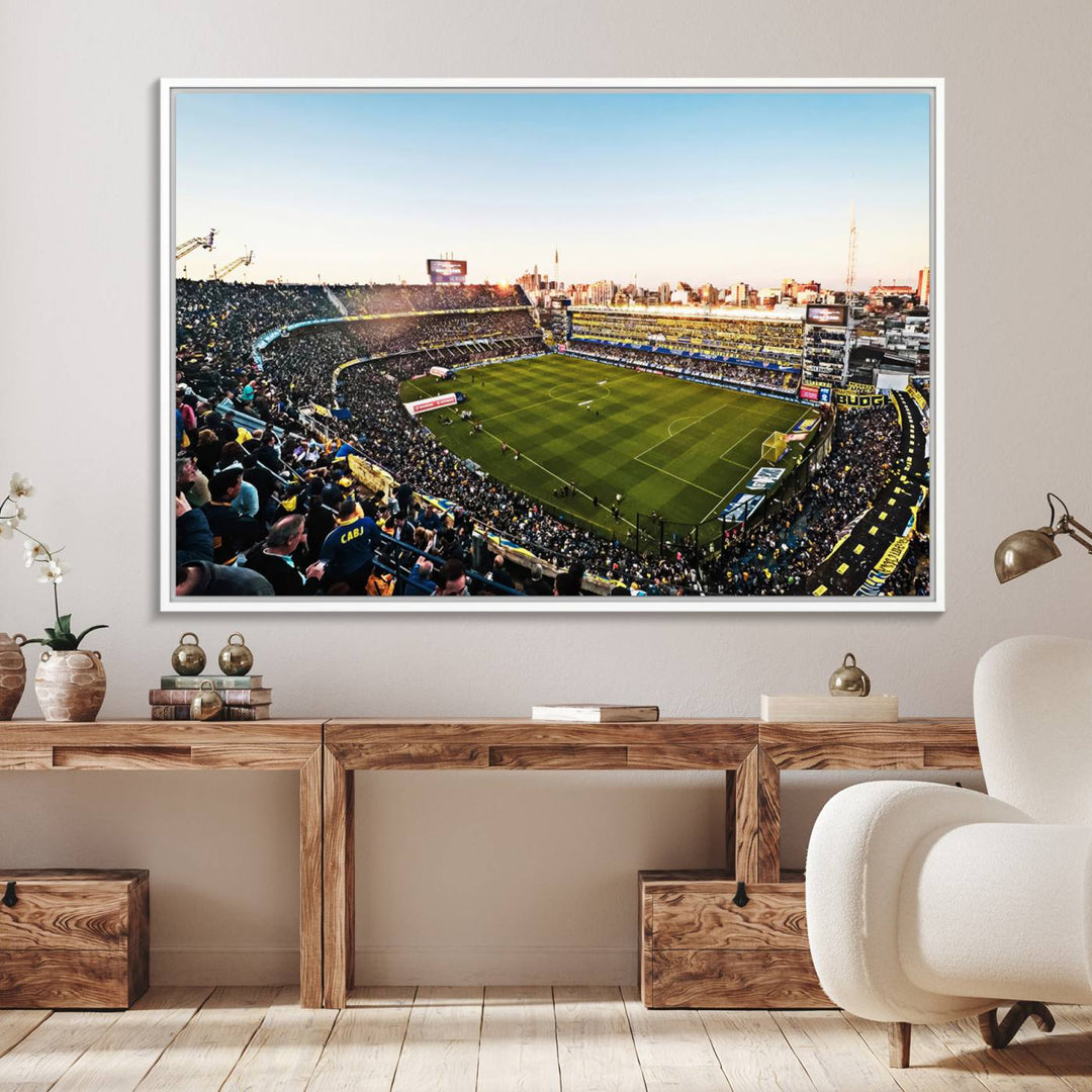 The wall art canvas print vividly captures the dynamic soccer culture at Bombonera Stadium with its vibrant depiction.