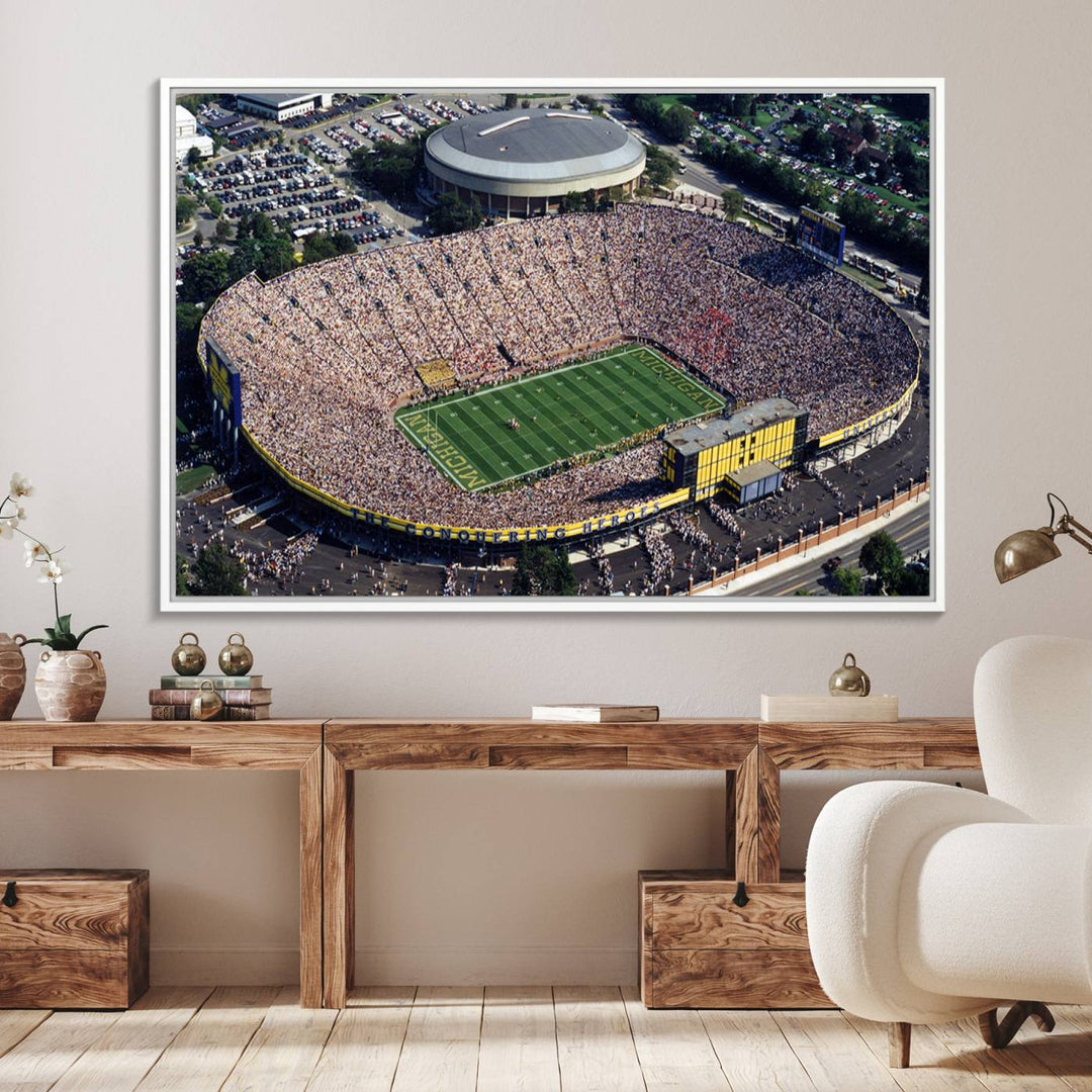 Aerial view of Michigan Wolverines college football culture on a stadium canvas wall art.