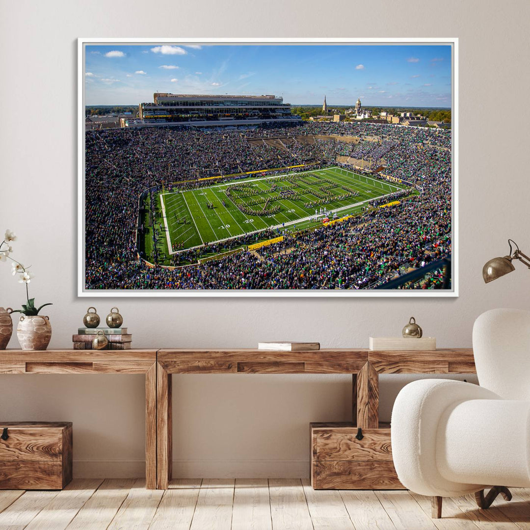 Aerial shot of packed stadium on green; Notre Dame Fighting Irish Stadium Wall Art Canvas Print.