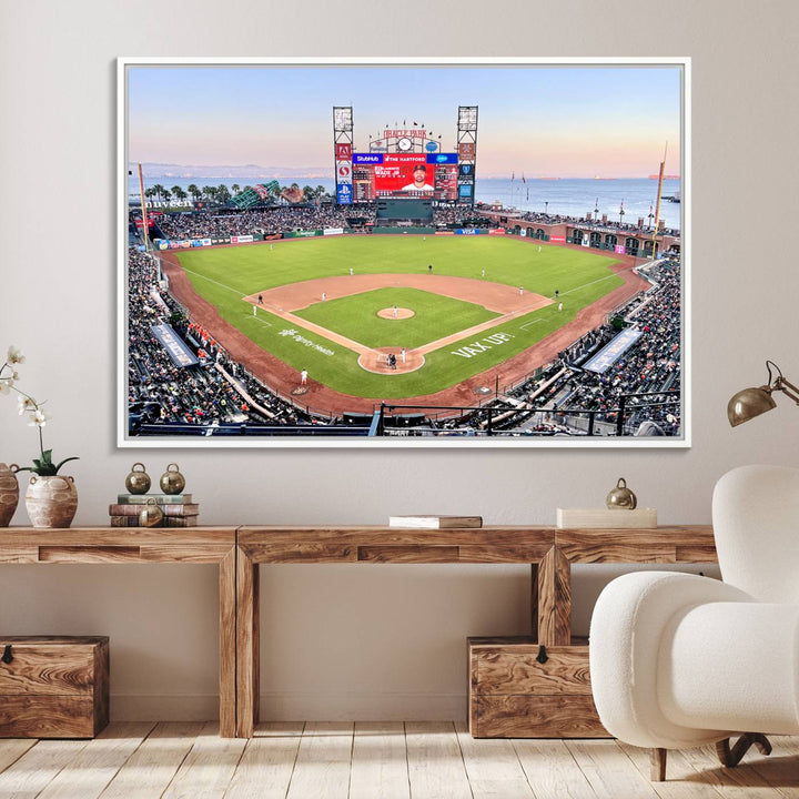 Gallery-quality canvas print of Oracle Park Stadium showcasing a waterfront view from behind home plate.