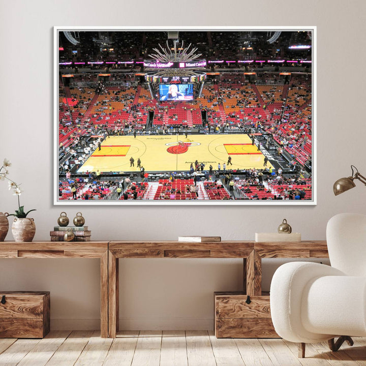 A Miami Heat Basketball Print showcases Kaseya Center Stadium Wall Art with a grand scoreboard.