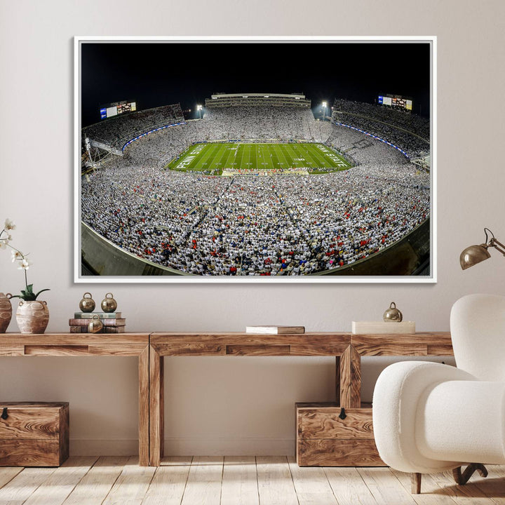 The triple canvas wall art depicts Beaver Stadiums vibrant atmosphere during a night game from the end zone.